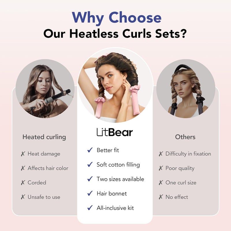LitBear Heatless Curls Overnight Set, 2 Sizes of Soft Curling Rods for Women Long Hair,No Heat Hair Curlers with Bonnet to Sleep In, Flat-Top Design with Scrunchies and Clips,Light Pink 11Pcs - Image 4
